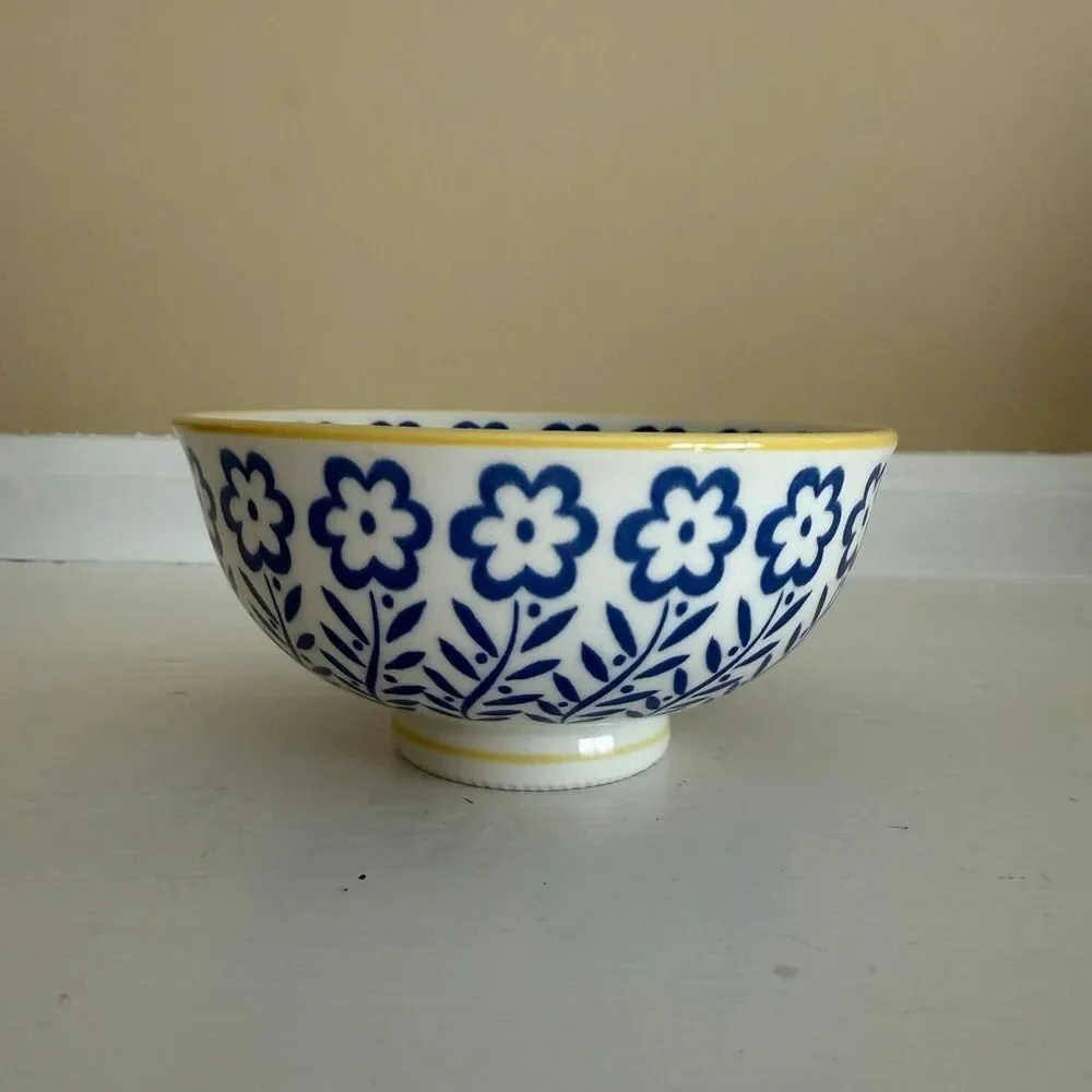 Vintage Blue & White Floral Bowl | Made in Japan | Yellow Rim Accent